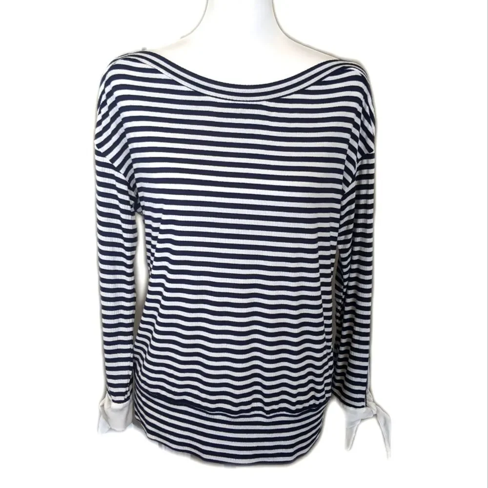Stella & Dot lightweight white & navy blue striped boat neck sweater L